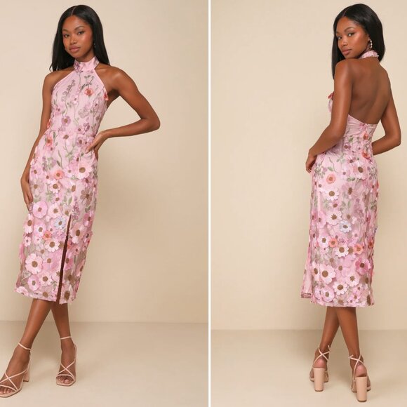 Lulus Dresses & Skirts - Lulus Pink Floral Embroidered Midi Dress, 3D Appliqué Halter Size: small